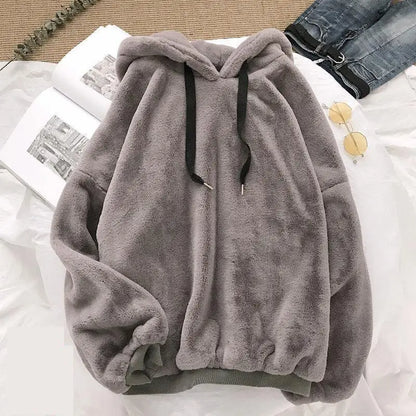 Autumn Winter Fleece-Lined Hooded Sweatshirt for Women – Cozy Long-Sleeve Plush Hoodie | Warm, Loose Fit Couple's Coat | Lazy Style Fashion Top