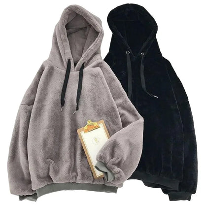 Autumn Winter Fleece-Lined Hooded Sweatshirt for Women – Cozy Long-Sleeve Plush Hoodie | Warm, Loose Fit Couple's Coat | Lazy Style Fashion Top