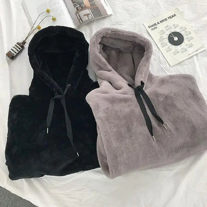 Autumn Winter Fleece-Lined Hooded Sweatshirt for Women – Cozy Long-Sleeve Plush Hoodie | Warm, Loose Fit Couple's Coat | Lazy Style Fashion Top